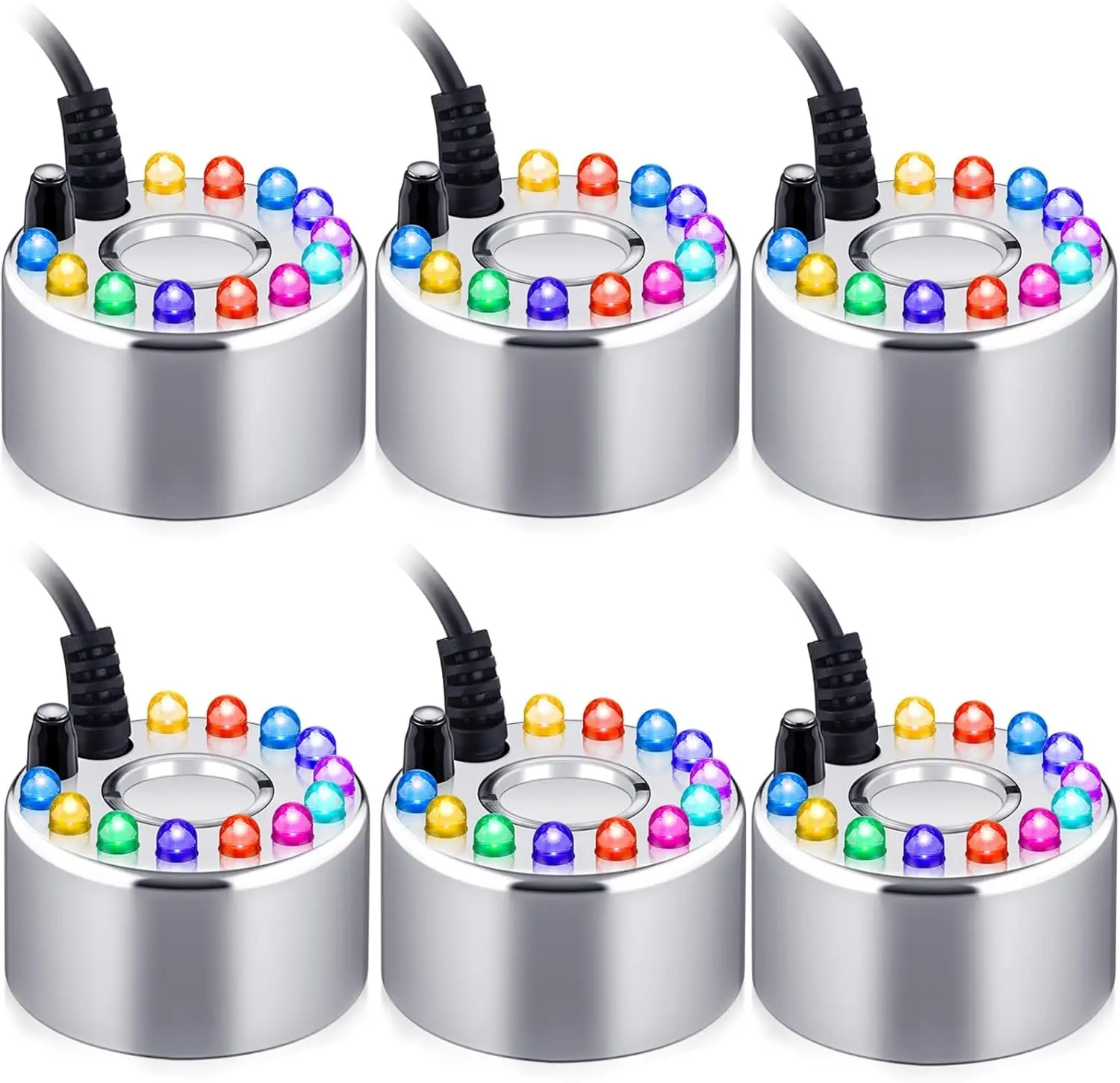 6 Pcs Halloween Mist Maker Ultrasonic Fogger Water Fountain Pond Fog Machine Color Change LED Mister Indoor Fountain Foggers for Home Room Office Outdoor Holiday (Silver, Alloy)