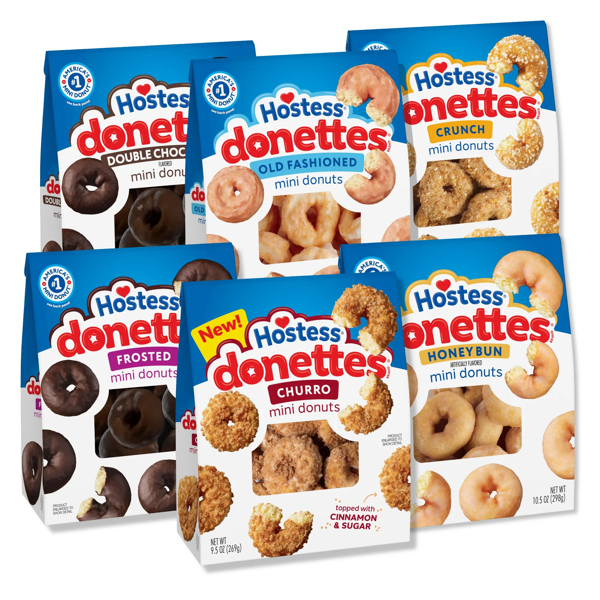 Hostess Donettes Variety Pack Big Bags 6 Flavors, Frosted, Double Chocolate, Old Fashioned, Honey Bun, Crunch & Churro