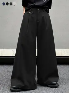Men’s high-waisted pleated wide-leg dress pants made from drapey, wrinkle-resistant fabric; dual street-style and light-casual looks for office and everyday wear; versatile high-waist wide-leg design; minimalist pleated casual trousers.