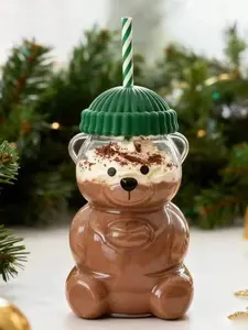 Limited Edition Starbuck Christmas Green Hat Bear Cold Glass Cup With Straw.Coffee Cup, Cold Drinks.Wonderful Gift For Girlfriends, Boyfriends, Lover, Sisters, Friends And Student.20oz / 591ml