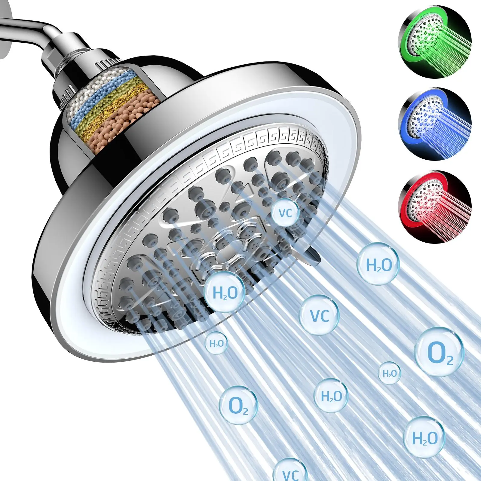 FEELSO LED Shower Head, Filtered Shower Head with Light SummerVibes, 3 Color Water Pressure Drives the Lights to Glow shower head Round Polished Fixtures Modern