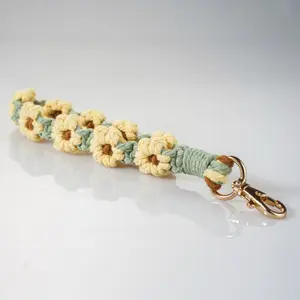 Boho Macrame Flower Keychain Wristlet - Handmade Cotton Keyring Holder, Bohemian Wrist Lanyard for Keys & Bags, Sports & Outdoor Protective Gear Accessory Keychains