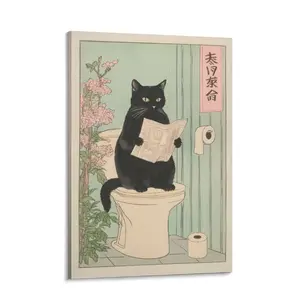 Japanese Black Cat on a Toilet Poster, Funny Bathroom Toilet Poster, Japan Cat Aesthetic Art Canvas Printable