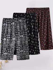 3-Pack Casual Loose-Fitting Sleep Pants, Loungewear, All over Print, Plus Size, Summer Home Wear, Music Symbol Design, Comfortable Knit Material