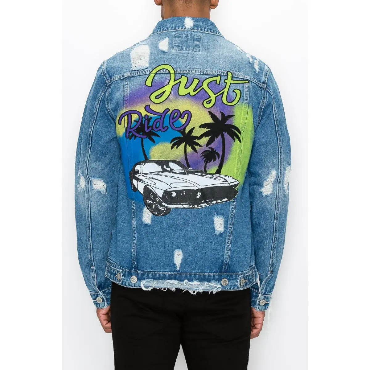 Men's Classic Distressed Denim Jacket - 100% Cotton Trucker Coat with "Just Ride" Airbrush Graphic for Everyday Wear, Menswear, Coats