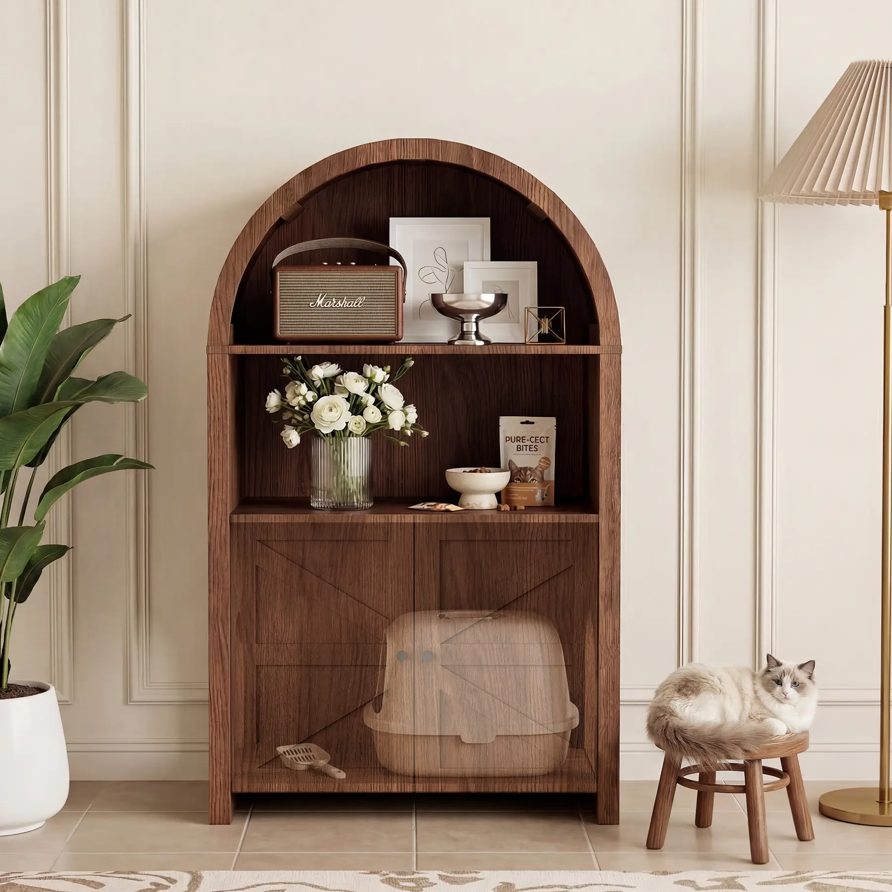 Multi-Purpose Arched Walnut Cabinet – Hidden Cat Litter Space + Open Storage for Decor, Shoes, or Office Supplies – Perfect for Small Spaces & Pet-Friendly Homes