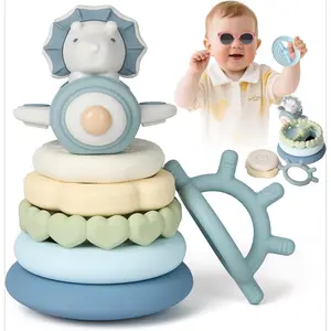 F-ITC10 Dinosaur Baby Stacking Toys | 7-Piece Silicone Rings for Teething Relief | Educational Toy for Infants & Toddlers 6 Months+ | Baby Boy Essentials