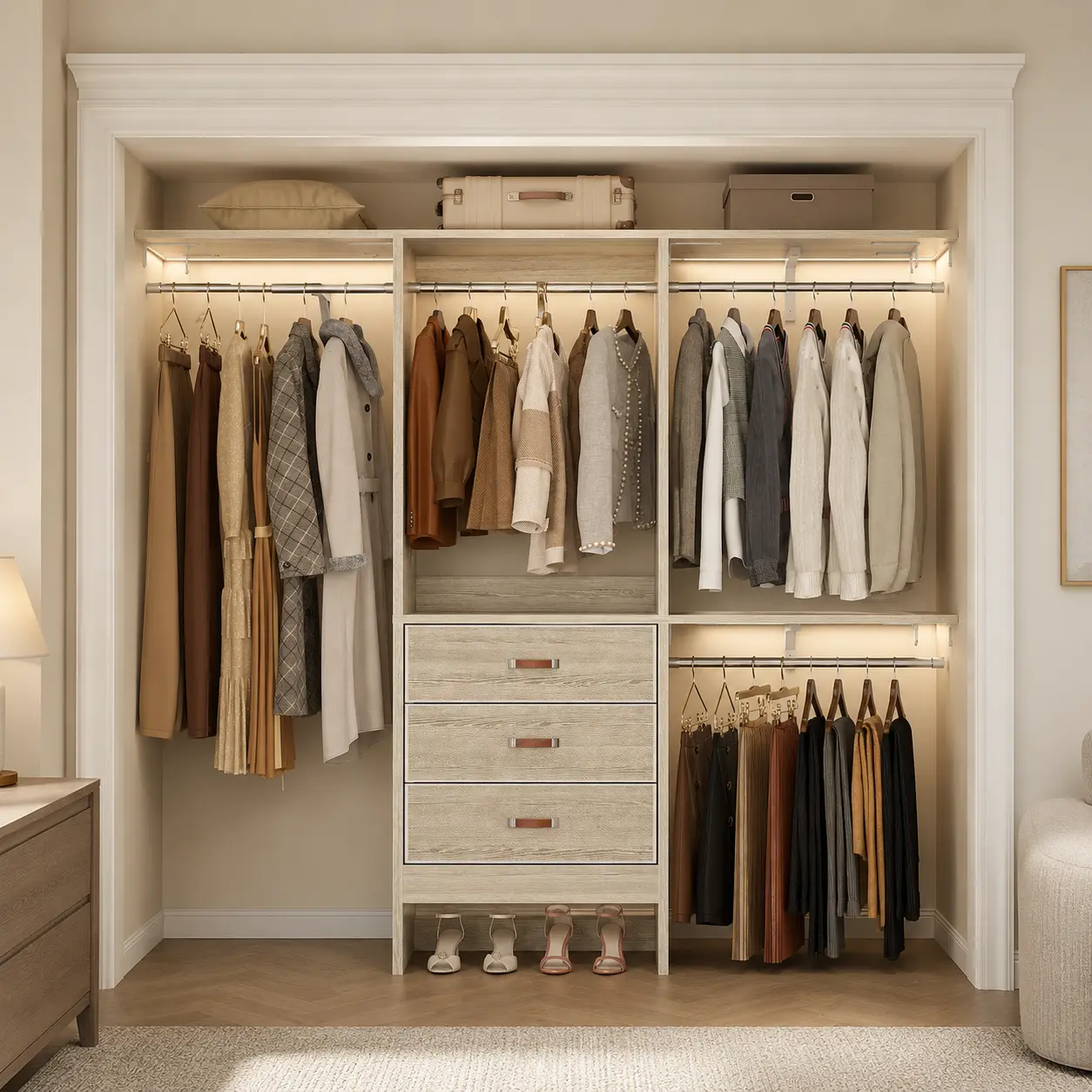 Homieasy 5FT Closet System with 3 Adjustable Shelves, 60'' Walk-In Closet Organizer System With 3 Fabric Drawers, Heavy Duty Clothes Rack Built-In Garment Rack, 59" L x 16" W x 71"H