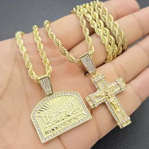 MaxBling81 Religious Cross Pendant Necklace - Jesus Crucifix & Last Supper Iced CZ, 4mm 24" Rope Chain, Gold-Toned Gold Statement Embellished Cross Relief Chains with Pendants, Unisex Costume Jewelry, Gold Statement Chain