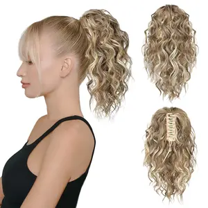 Ponytail Extension, 12" Short Claw Ponytail Extension Wavy Curly Jaw Clip in Pony tails Hair Extension Natural Synthetic Hairpiece for Women (Honey Blonde with Blonde Highlights)