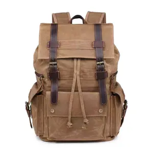 Outdoor Canvas Backpack for Casual Students Large Capacity Travel Pack with Patchwork Design and Genuine Leather Mountaineering Bag