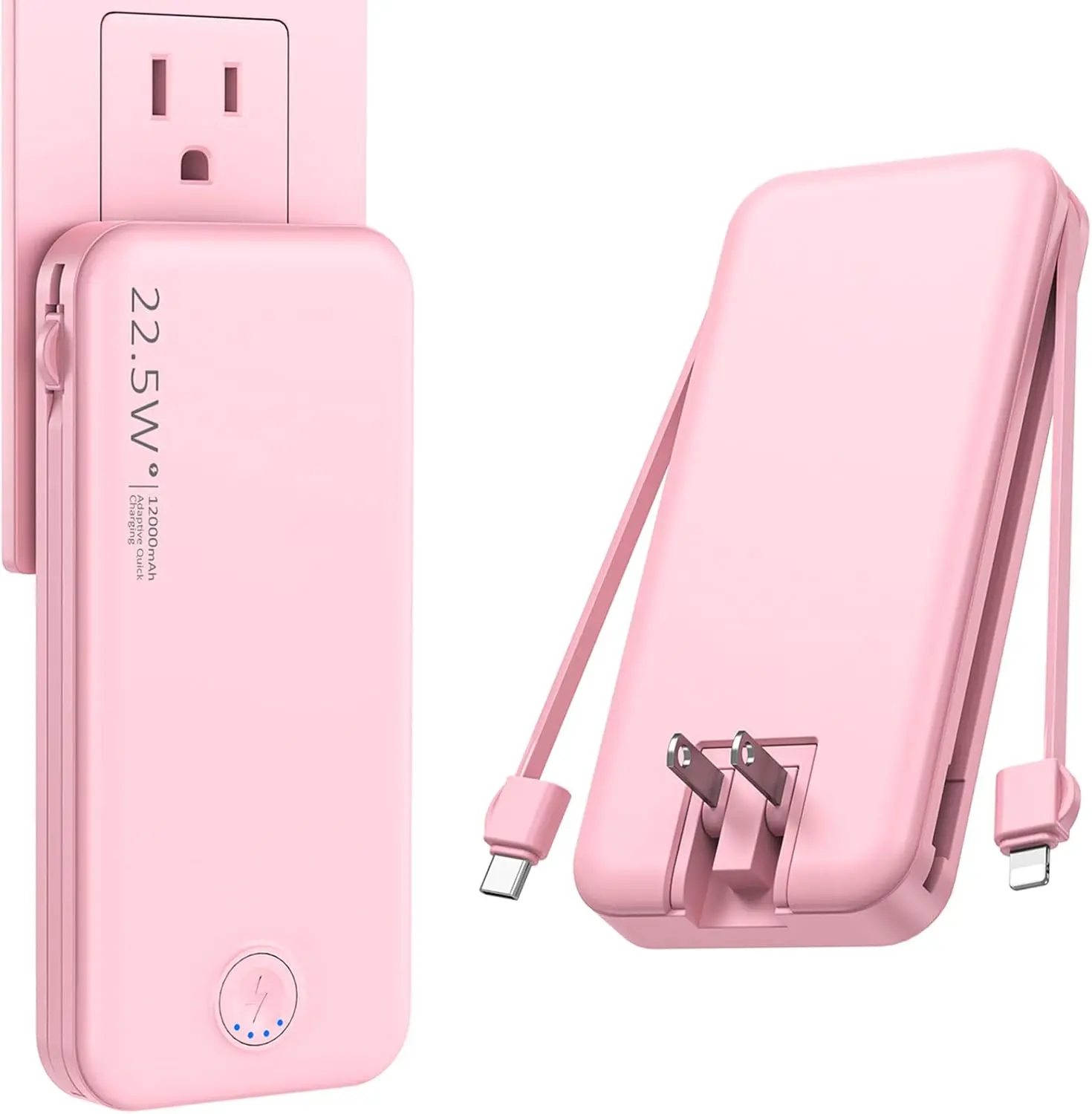 Diamuar Portable Charger with Built in Cable and AC Wall Plug, USB C Power Bank 12000mAh 22.5W Super Fast Charging, Lightweight Portable Phone Charger Travel Battery Pack for iPhone,Android,Samsung ect Pink Cute Chargeable Smartphone tiktokshopspringglowu