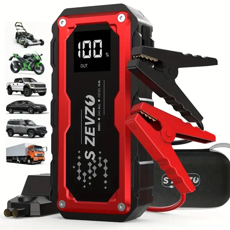 8000A Peak Portable Car Jump Starter with LED Light – Emergency Booster Battery Pack, Power Bank, Wireless Charging, Car Battery Jump Starter Tool​