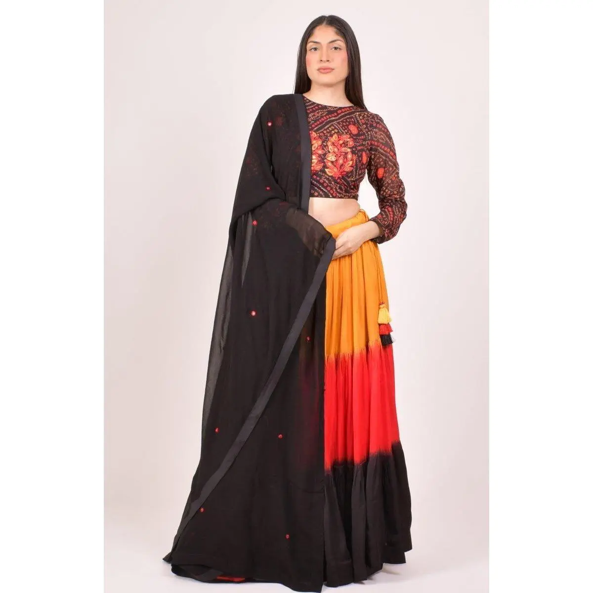 Multicolor Shaded Bandhani Chaniya Choli With Resham & Mirror Work Dupatta