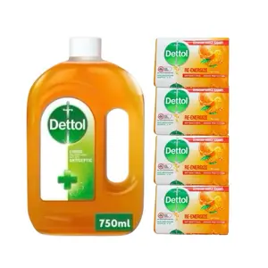 Dettol Antiseptic Light Liquid Cleanser (750mL) & 4 Re-energize Soaps (100mL Each) - Cleansing Bath & Body Care Set