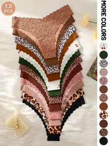 5/6/12 Pack Seamless Design Low Waist Women's Briefs, V-Shape Wavy Edge, Comfort Fit Underwear, Multiple Colors, Leopard Print