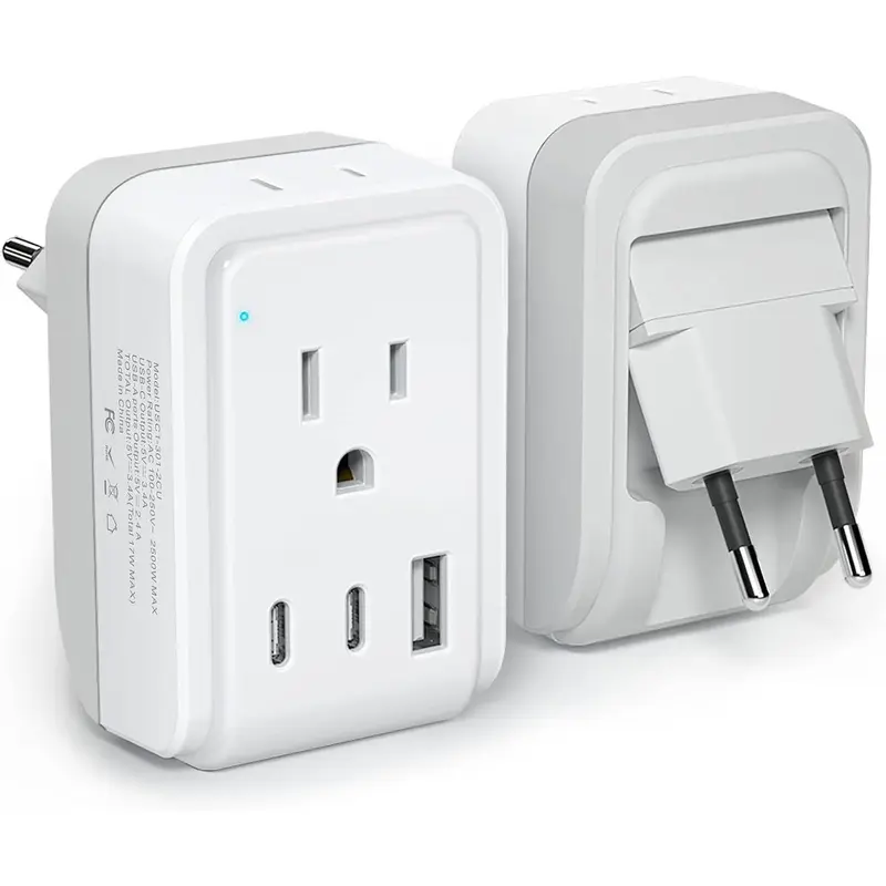 SQ-APT018 1 Pack European Travel Plug Adapter,  Foldable International Power Plug with 2 AC Outlets 3 USB Ports(2 USB C), Type C Travel Essentials Charger for US to Most of Europe EU Italy Spain France