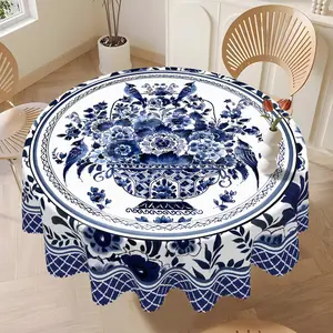 Classic Chinese Porcelain-Style Polyester Tablecloth - Round or Rectangle, Reusable Washable, Vintage Elegant Home Dining Decor, Handcrafted Artwork summerwins