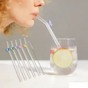 5 Pcs Reusable Straws Clear Glass Straws Colorful Butterfly Design Size 7.8" x 8mm with 1 Cleaning Brush for Smoothies, Milkshakes, Juices, Teas (Colorful Butterfly) Drinking Straw Transparent