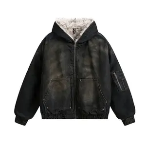 Men's American street washed denim padded cotton jacket, winter fleece - lined outerwear, men's wasteland - style cotton coat Patchwork Hooded  men leatherjacket couple sweatshirt