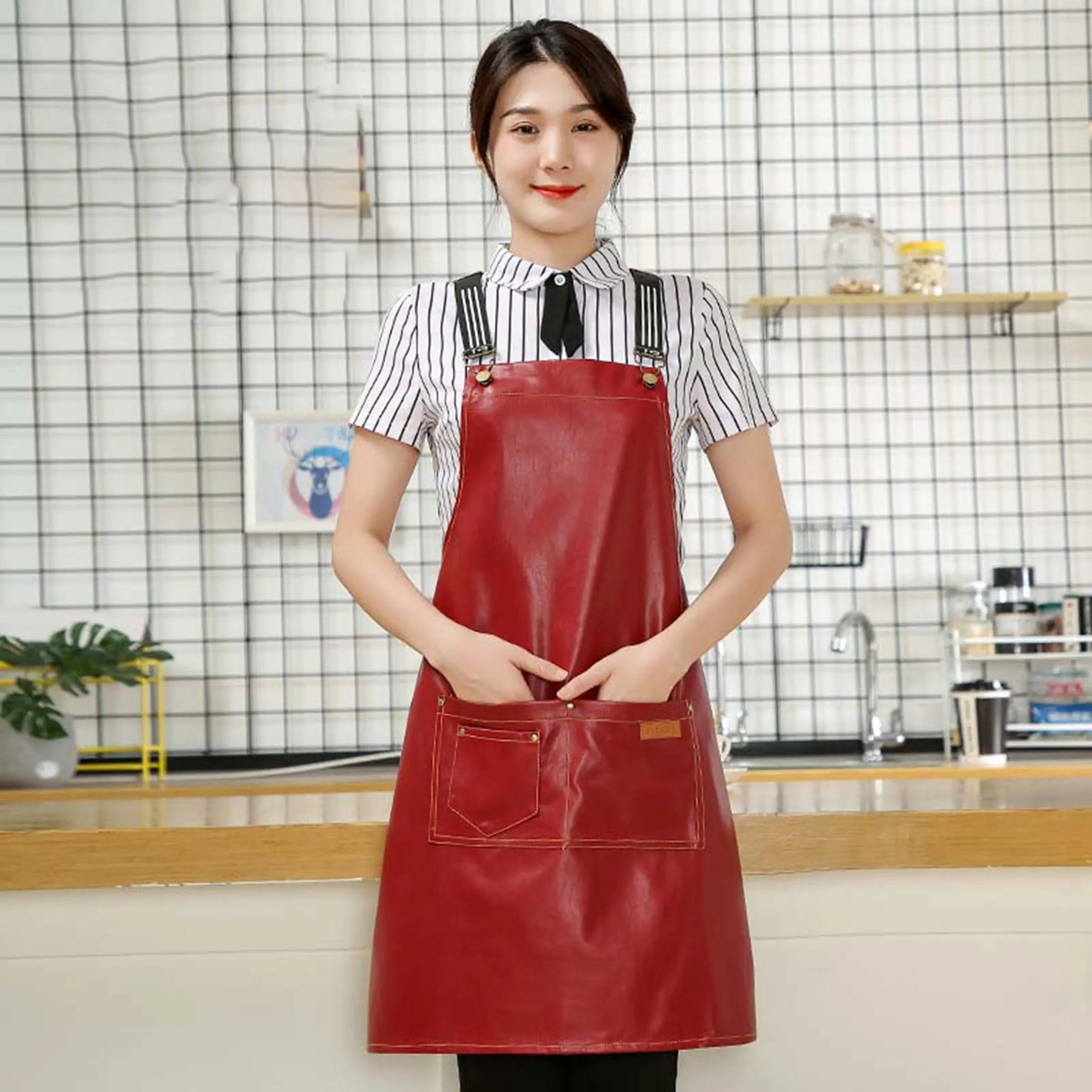 PU Leather Apron with 2 Large Adjustable Pockets, Waterproof Oil-proof, Dirt Resistant, Easy Cleaning Apron, Kitchen Apron for Cooking Baking House Restaurants Supermarkets, Reusable Waterproof Apron, Kitchen Cooking Aprons