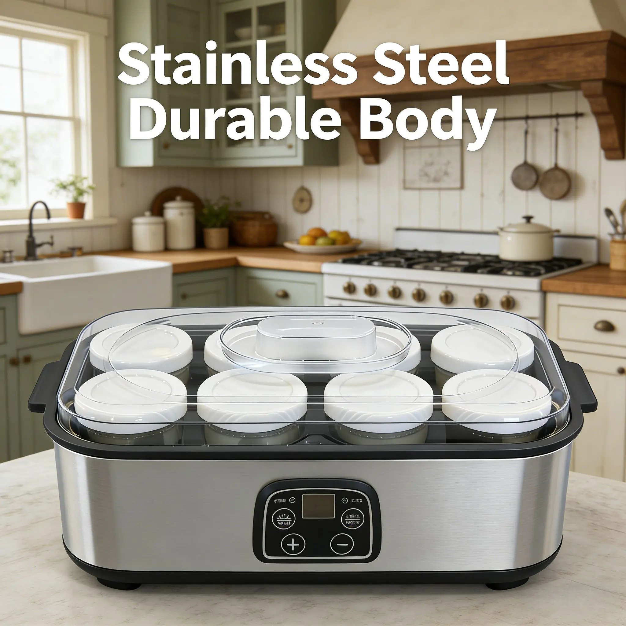 8-Cup Compact Countertop Digital Yogurt Maker with Constant Temperature Control for Health-Conscious Users, Includes 8 Individual Jars & 5 Free Kitchen Gadgets: Egg Separator, Jam Spreader, Bottle Opener, Cleaning Cloth, Dish Sponge