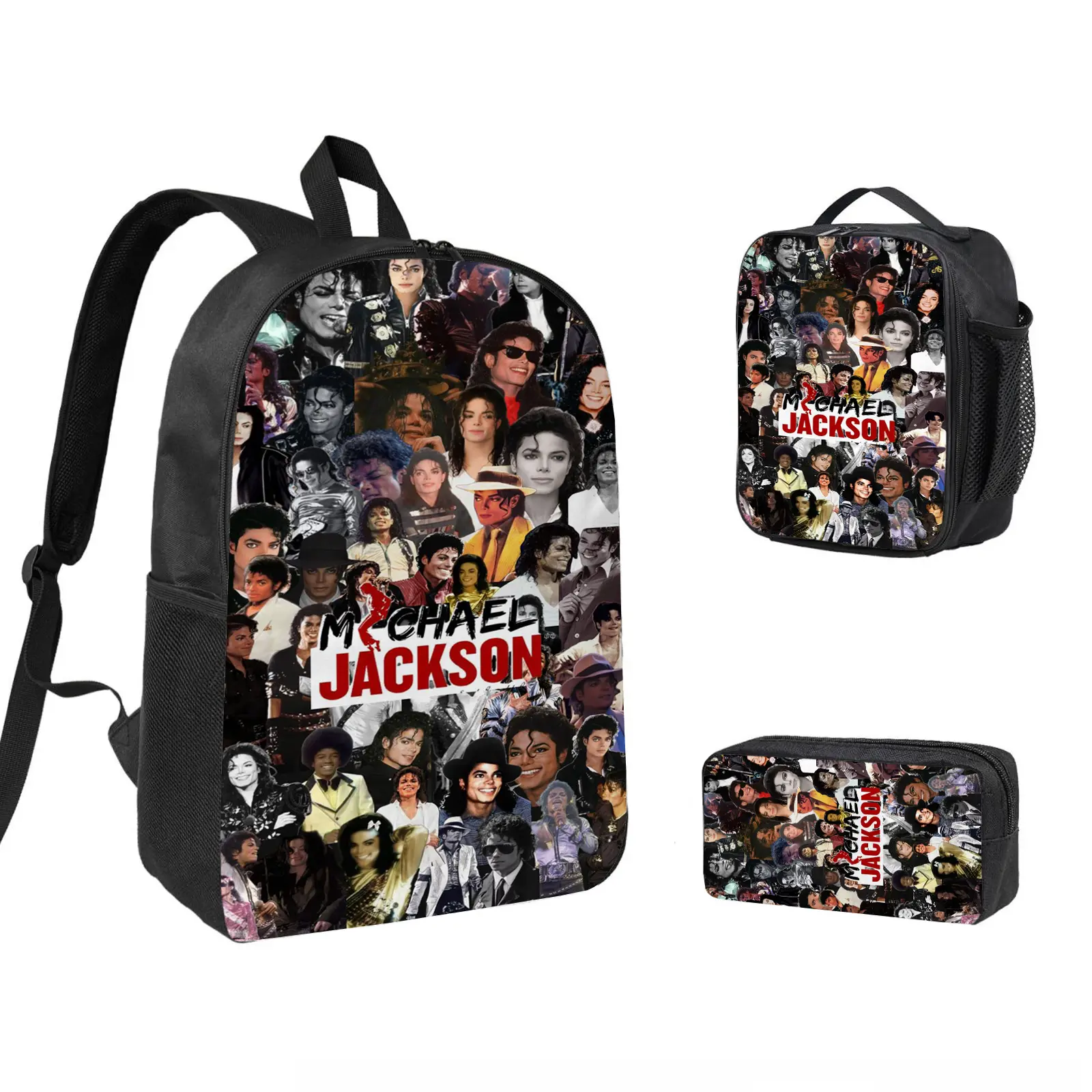 michael jackson 3 PCS Backpack Set, Durable School Bookbag with Insulated Lunch Bag & Pencil Case for Teens Boys Girls, Comfortable Travel Daypack Gift for Fans d-288