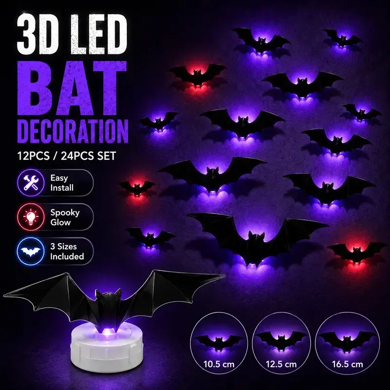 Halloween 3D Bat Light LED Decorations, 12/24 pieces, easy to install, no remote control required, suitable for home, parties, windows, doors, holidays, and other indoor decorations.