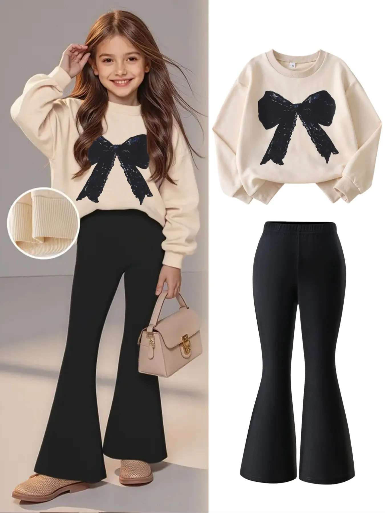 Girls' Fashion Bow Print Sweatshirt Set, Fall & Winter Casual, Round Neck Long Sleeve Top + Slim Leg Pants, Fashion Clothes Set, Fashion Style Sets, Matching Clothing Set, Matching Outfits Set