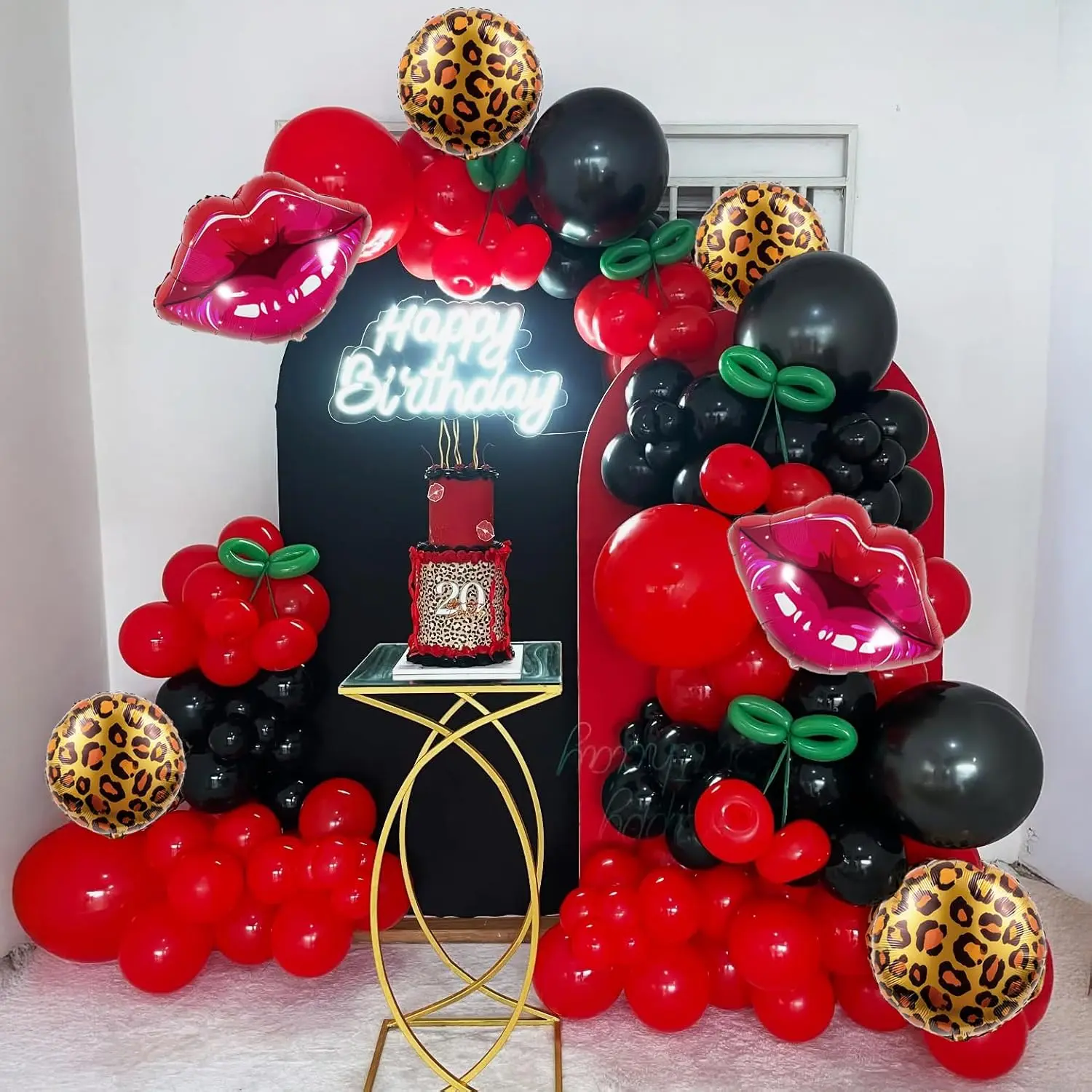 142PCS Cheetah Balloon Arch Garland Set - 10" Black, Red Leopard Print, Cherry-Themed Lips Balloons for Girls' Bachelorette, Cheetah Birthday Party Decorations, 10" Balloons