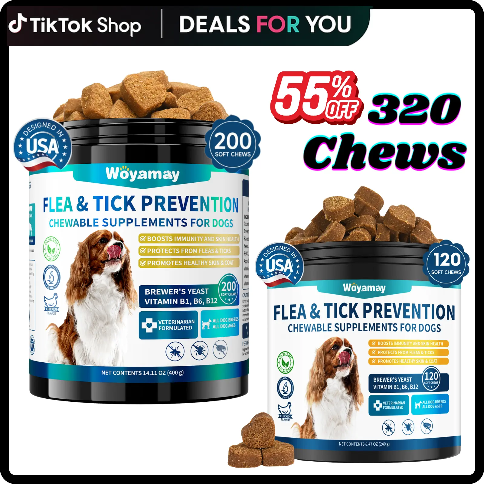 Woyamay Flea & Tick Prevention for Dogs, 200 Ct Dog Chewables Support Skin&Coat Health with Fish oil, Omega-3, Multivitamin, Natural Dog Flea and Tick Chews for All Breeds & Sizes, Chicken Flavor #DealsForYouDays #SummerWins