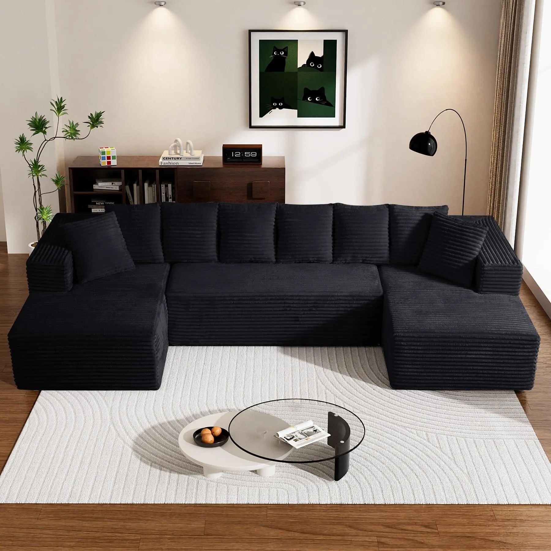 【2 Packages Shipping】127 Inch Modular U-Shaped Sofa, Comfortable Fluffy Plush Corduroy Fabric Sofa, Convertible Sofa Bed with Recliner, Suitable for Living Room, Bedroom Ultra-Soft Black Flannel Set