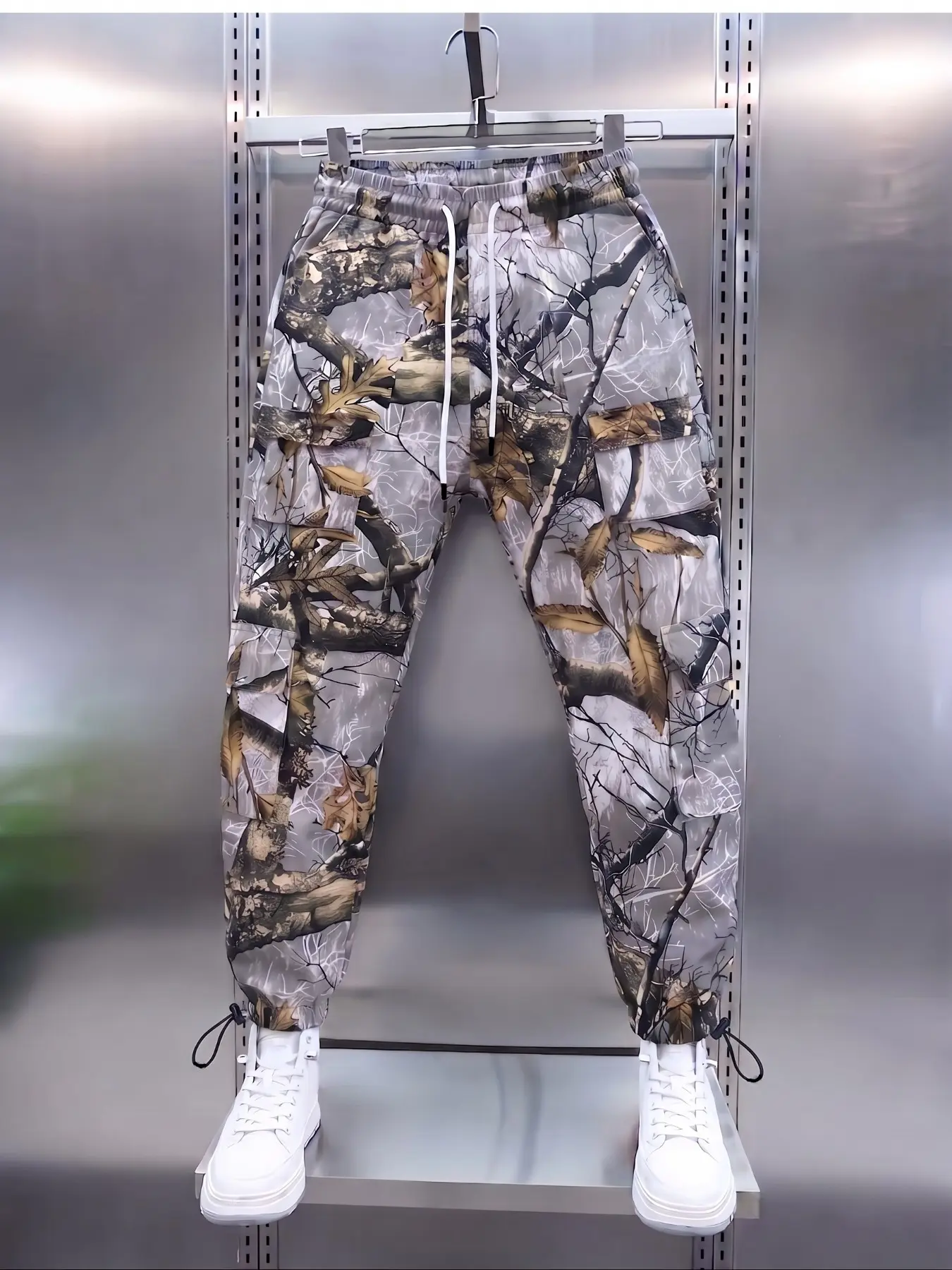 Men's Fashion Jungle Digital Print Casual Cargo Pants, Drawstring Waist, Multi-Pocket, Casual Slant Pocket Design, Adjustable Elastic Cuffs, Perfect for Outdoor Hiking