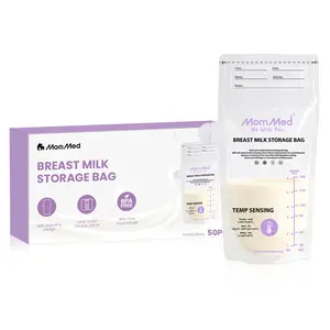 MomMed Breast Milk Storage Bags, 50 Count, 6oz Self-Standing Milk Bags with Pour Spout, Temp-Sensing Color Change, Hygienically Pre-Sealed for Breastfeeding & Long-Term Storage, Nursing Essentials