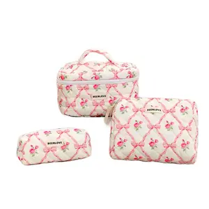 BEENLOVY Pink Quilted Makeup Bag Set - Includes Various Purposes with Drawstring Closure and Plain Design