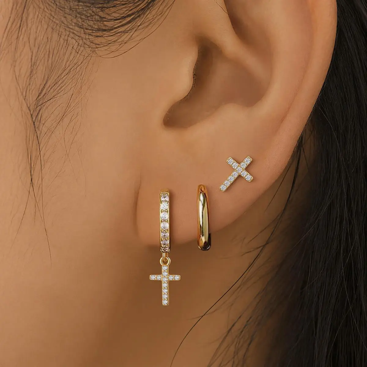 3 Pairs Cross Earrings Set for Women, 14K Gold Plated Cubic Zirconia Cross Dangle Huggie Hoops & Cross Stud Earrings, Hypoallergenic Stackable Piercing Jewelry