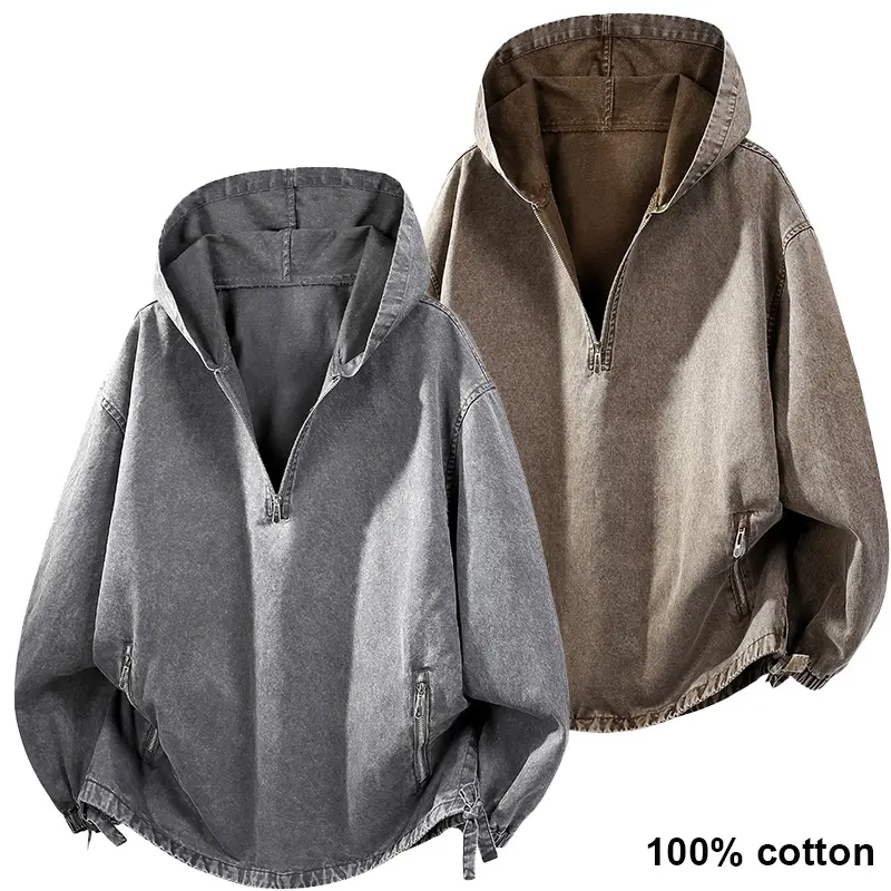 Men's Pure Cotton Washed Half-Zip Hoodie Sweatshirt, Trendy Loose V-Neck Men's Clothing, Breathable Soft Fabric, Zippered Pockets, Elastic Cuffs, Retro Minimalist Style