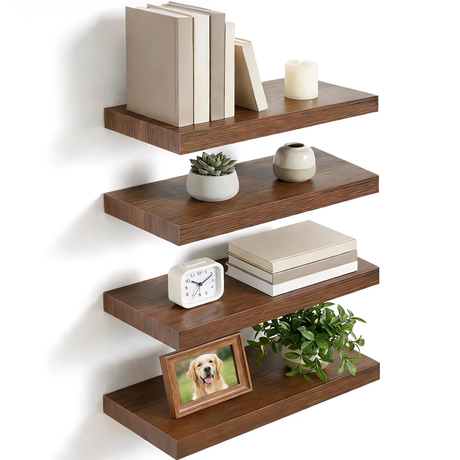 Rustic Brown Farmhouse Wood Floating Shelf Set (4-Piece Rectangular) - Recyclable Decorative Room Decor, Aesthetic Room Decor, Bathroom Organizing Accessories for Plants, Toilet Paper, Bath Towels