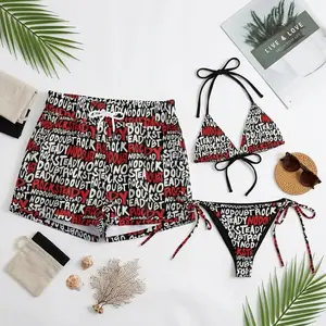 Y2K Gwen Inspired Matching Couple Hawaiian Shorts & Bikini Set – Retro Rock Steady Festival Style Black Beachwear, Lightweight Quick Dry Summer Vacation Pool Party Outfit