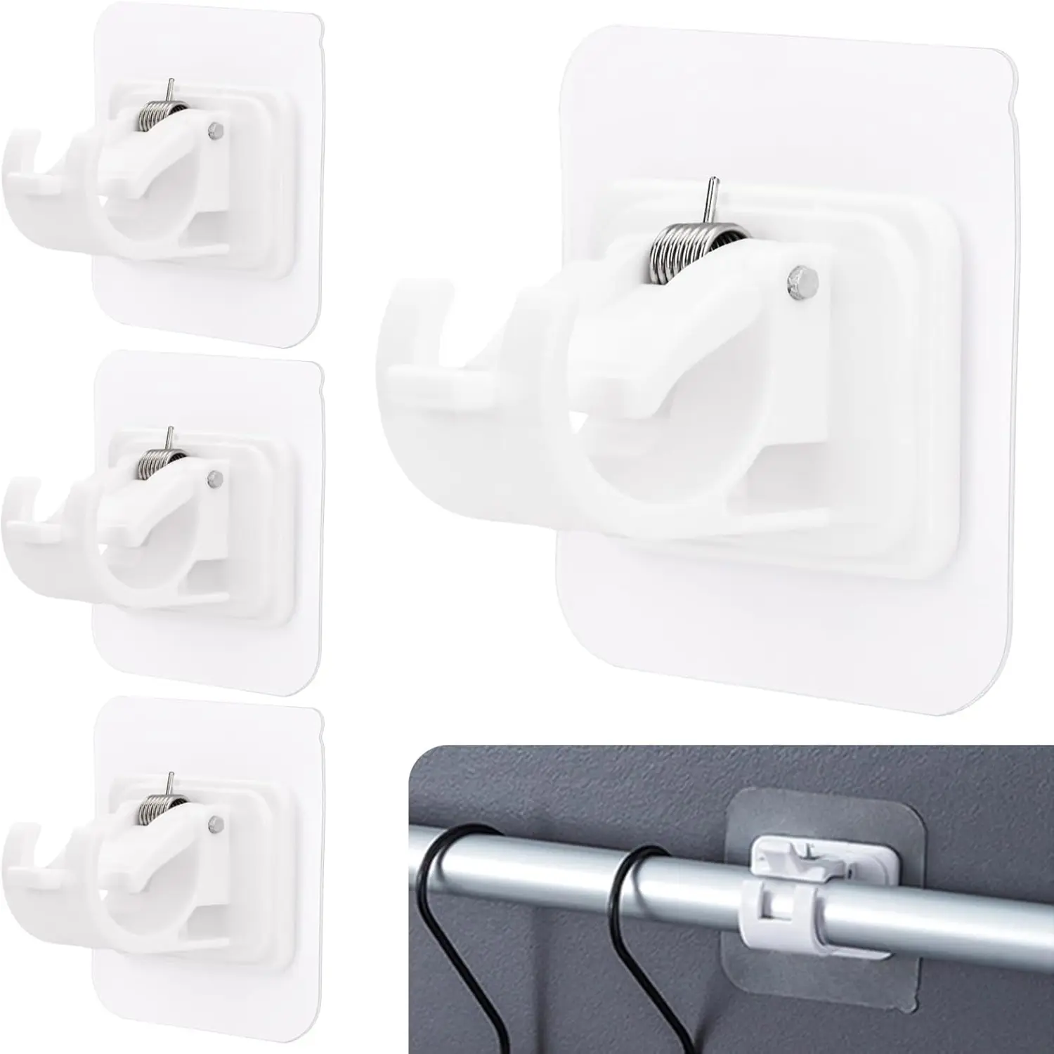 White Self-Adhesive Curtain Rod Brackets (4pcs/8pcs) - No Drilling, No Nails, Wall Mount, Durable, Wash Free, Easy Installation, Home Bathroom-Suitable Practical Hook Storage Rack