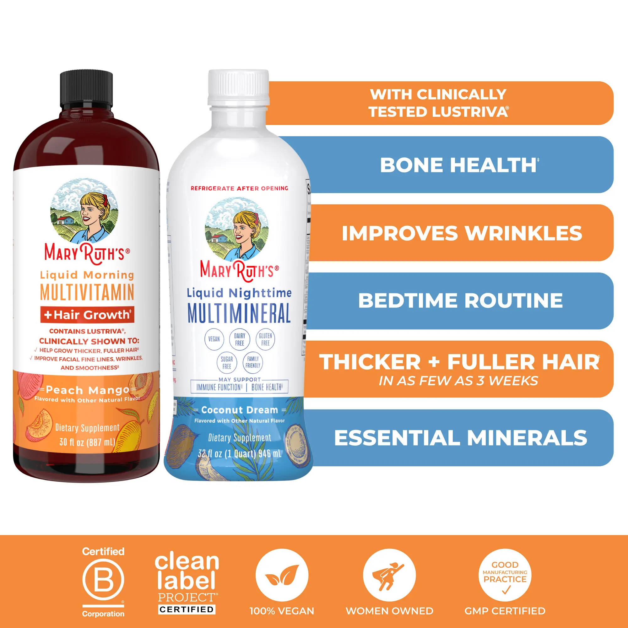 MaryRuth's Daily Health + Hair Growth & Nighttime Routine Bundle - Liquid Morning Multivitamin + Hair Growth - Coconut Liquid Nighttime Multimineral