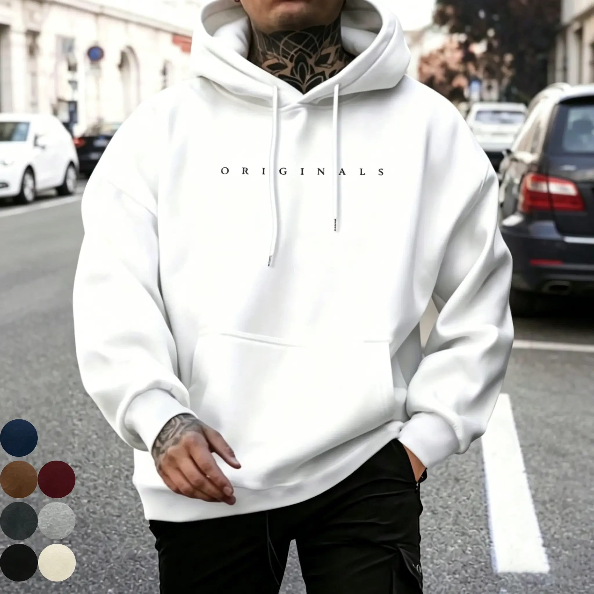 Local [Wool Hooded Sweatshirt]: Large men’s wool hooded sweatshirt | Original letter print, pocket, adjustable drawstring hood, easy fit, high-quality patchwork, unisex style, comfortable for everyday wear in autumn/winter, warm white and navy off-shoulde