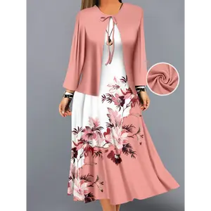 Women's 2-Piece High Elasticity Casual Polyester Clothes - Chic Long Sleeve Small Cardigan, Floral Print Patchwork Dress, Breathable Fabric Casual Wear for Multiple Seasons