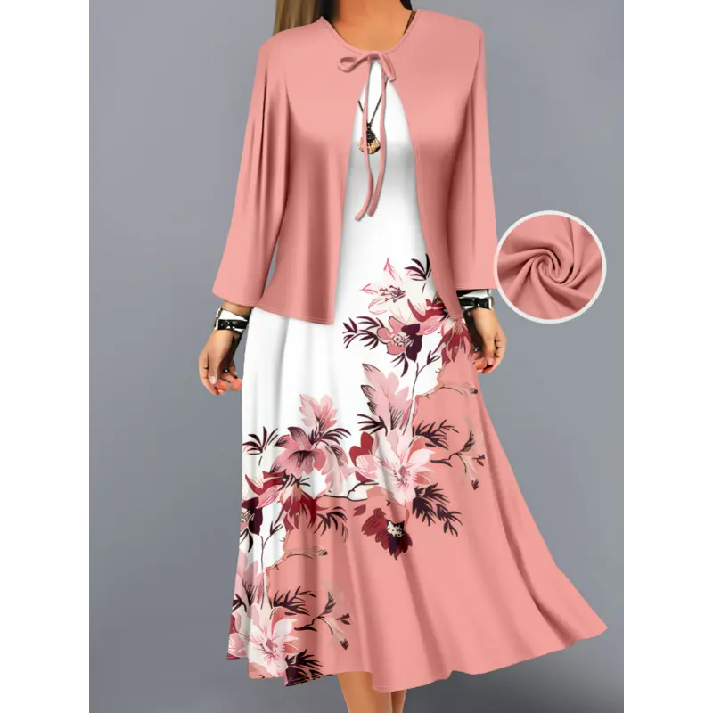 Women's 2-Piece Elegant Floral Set - Long Sleeve High Elasticity Knit Patchwork Dress and Matching Cardigan Outfit, Lady