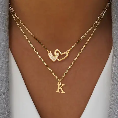 2 Piece Set Initial Micro-Set Zircon Heart Pendant Necklace, Heart Letters Necklace, Letter Necklace, Fashion Stainless Steel Multi-Layer Chain, Women's Casual Stylish Everyday Jewelry