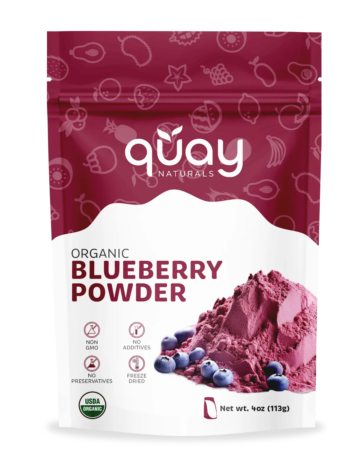 QUAY NATURALS Organic Blueberry Extract Powder 4oz Freeze Dried No Additives Non-GMO US Certified Beverage