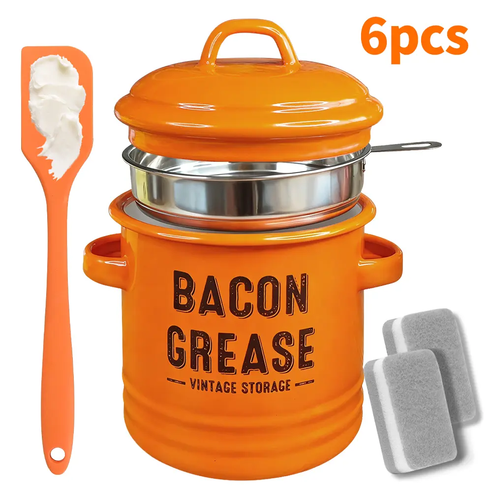 Large Enamel Bacon Grease Container with Handle for Easy Lift - 6-Piece Kitchen Organization Kit, Fine Mesh Strainer, Silicone Spatula, Cleaning Sponges, Rustic Farmhouse Utensil, Christmas Holiday Gift for Husbands (Pink/Yellow/Orange), Ladies