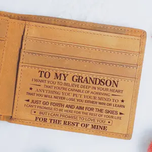 Easter For My Grandson - High Quality Laser Engraved Genuine Cowhide Card Wallet Christmas Birthday Gift for Grandparents to Son and Grandson，Valentine's Day and Mother's Day gifts