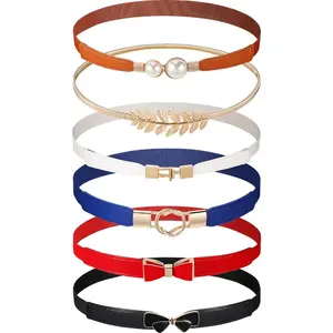 6 Pieces Women Skinny Belts Stretch Buckle Dress Belts Thin Elastic Waist Cinch Retro Faux Leather Band with Metal Buckle for Women Girls Jeans