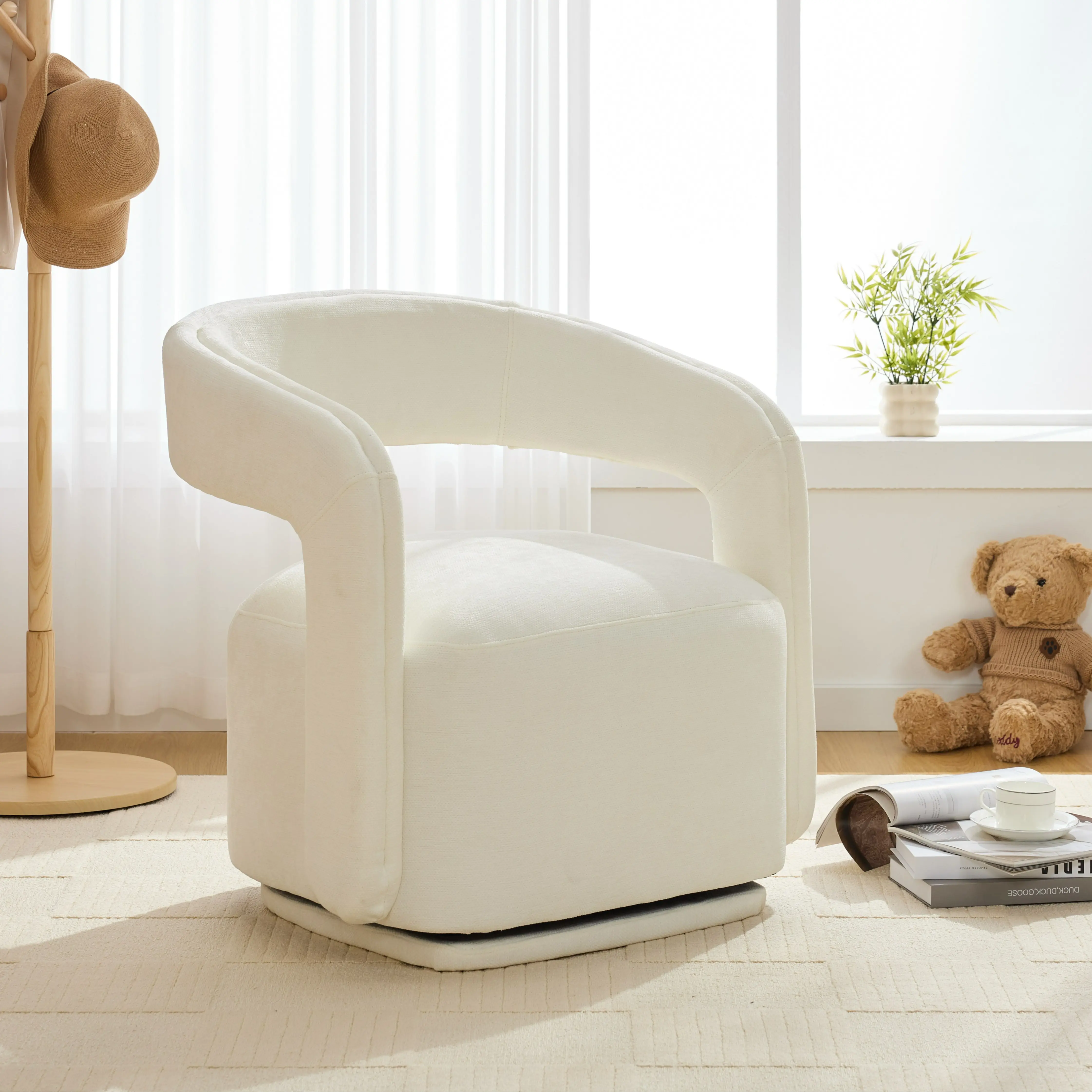 Eyisean 360° Rotating Modern Barrel Lounge Reading Armchair with Armrest - 22" Seat Depth & Width, Comfy Chenille Fabric, Ergonomic Supportive Sitting, Easy Assembly, Spot Clean, Rolling, Space-Saving Small Room Indoor Furniture for Comfy At Home Ideas, S